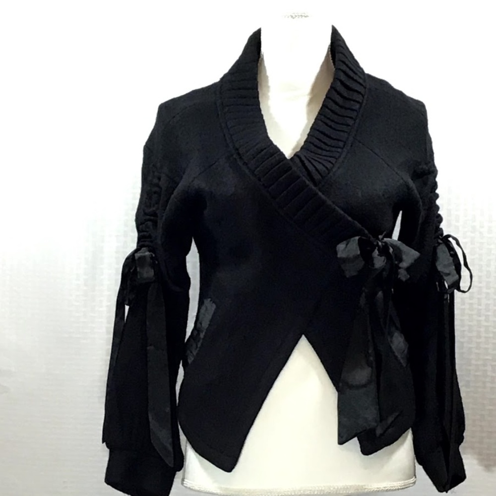 C. LUCE VINTAGE LONG SLEEVE SHORT BLACK COAT JACKET WITH RIBBON TIES